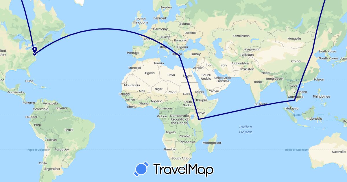 TravelMap itinerary: driving in China, Greece, Tanzania, United States, Vietnam (Africa, Asia, Europe, North America)